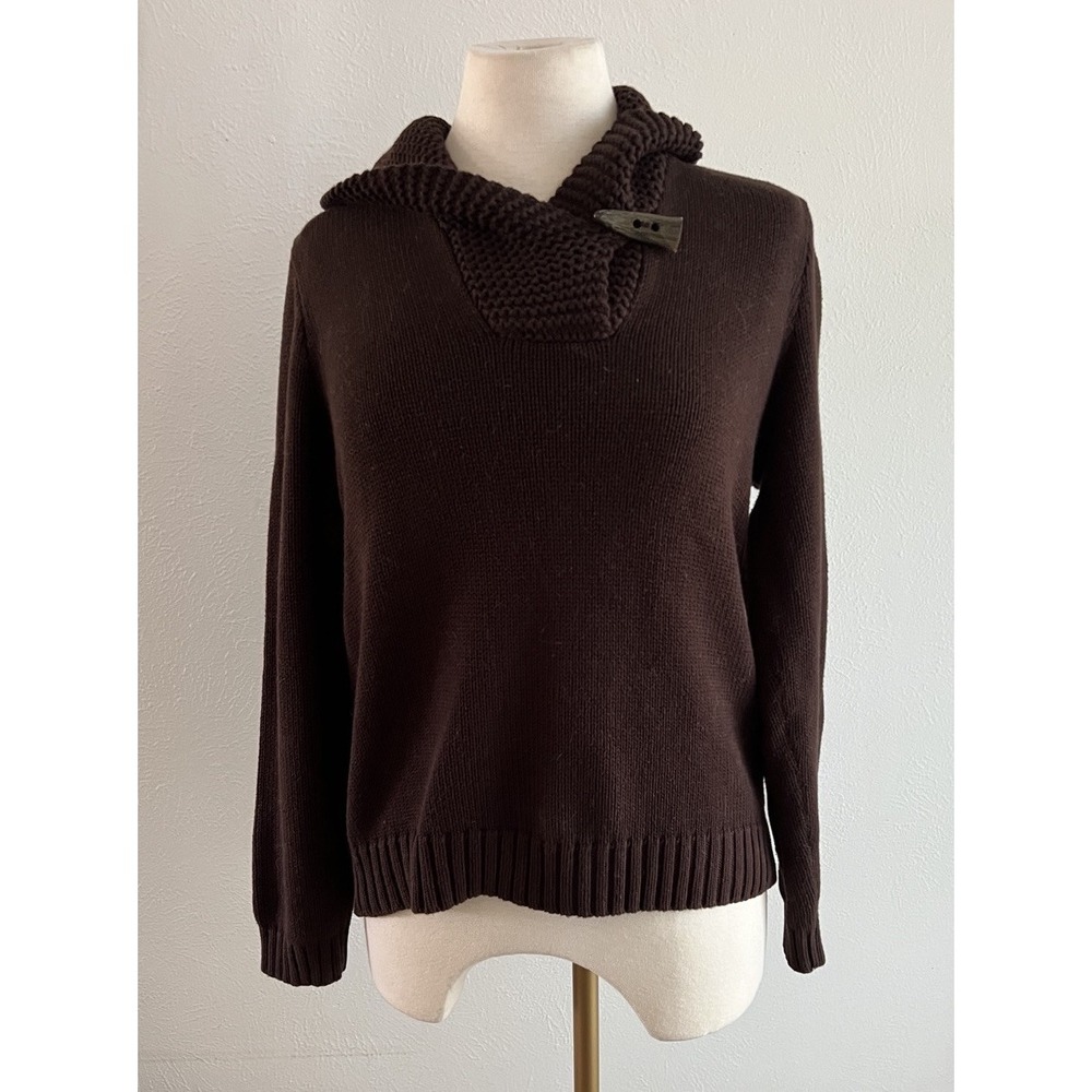 Lauren Ralph Lauren Shawl Collar Sweater Womens Size L Brown chunky knit cotton